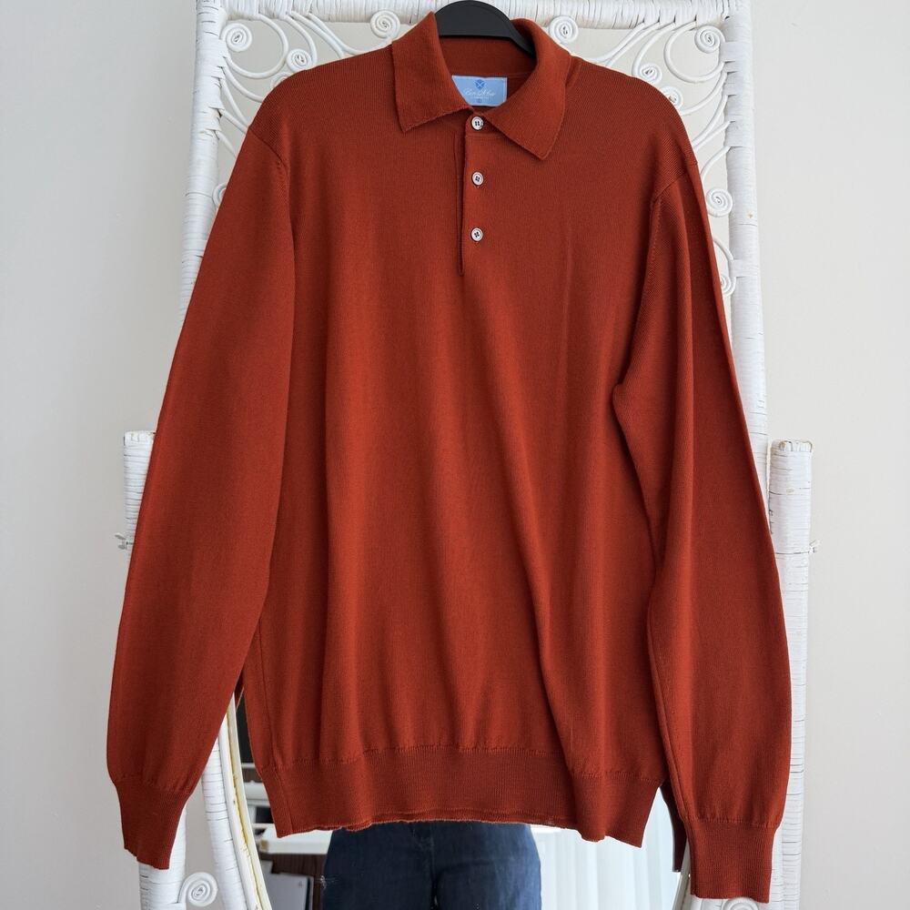 Ben Silver Charleston Polo‎ Sweater Mens XL Rustic Orange Merino Wool Scotland